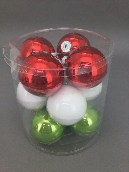 Red, Green and White Glass Baubles