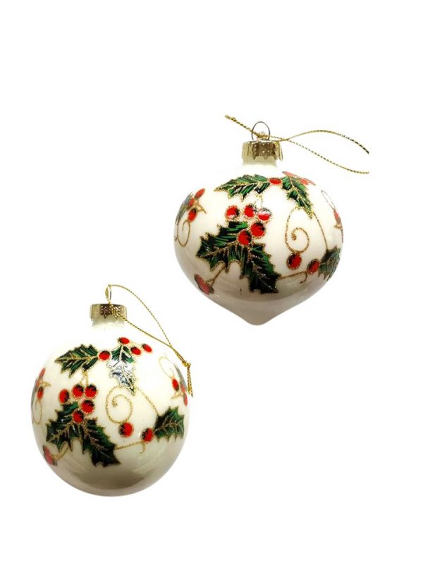 Glass White Holly Baubles