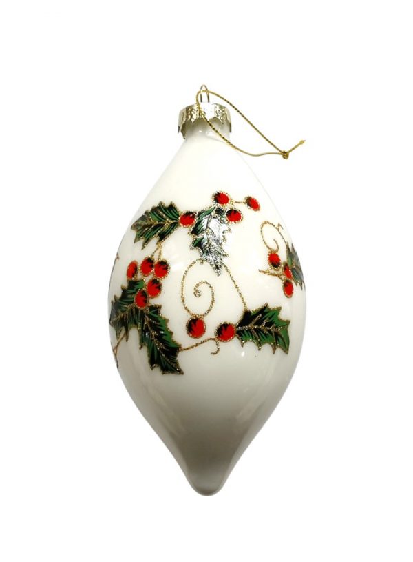 Glass White Holly Baubles Teardrop