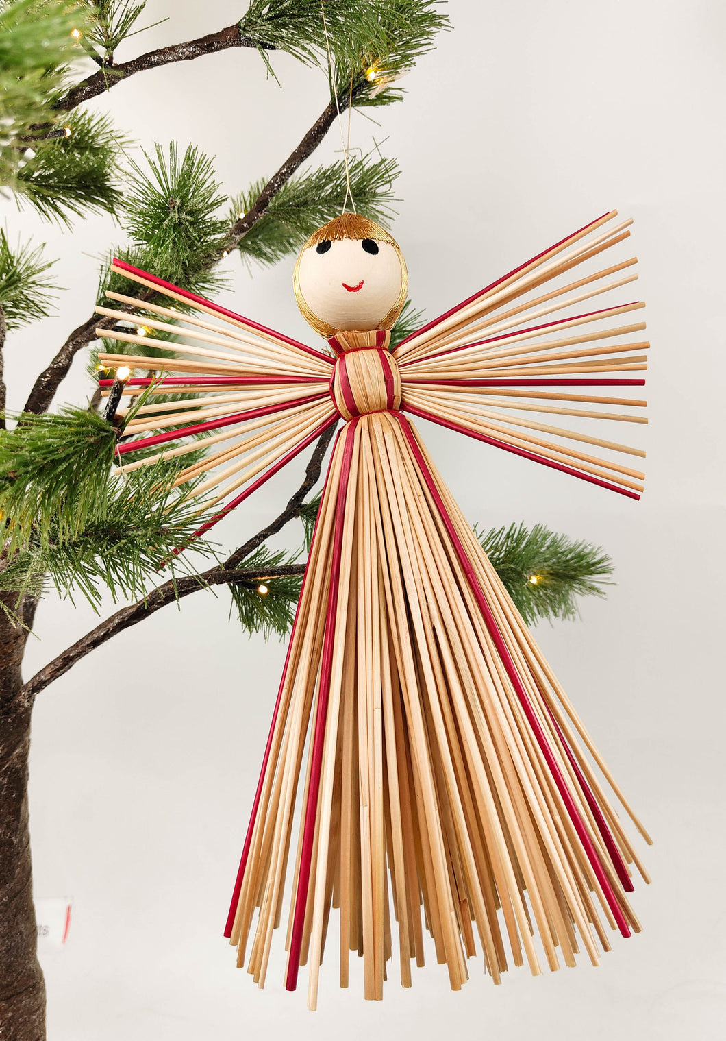 Straw Angel Hanging Decoration Natural & Red